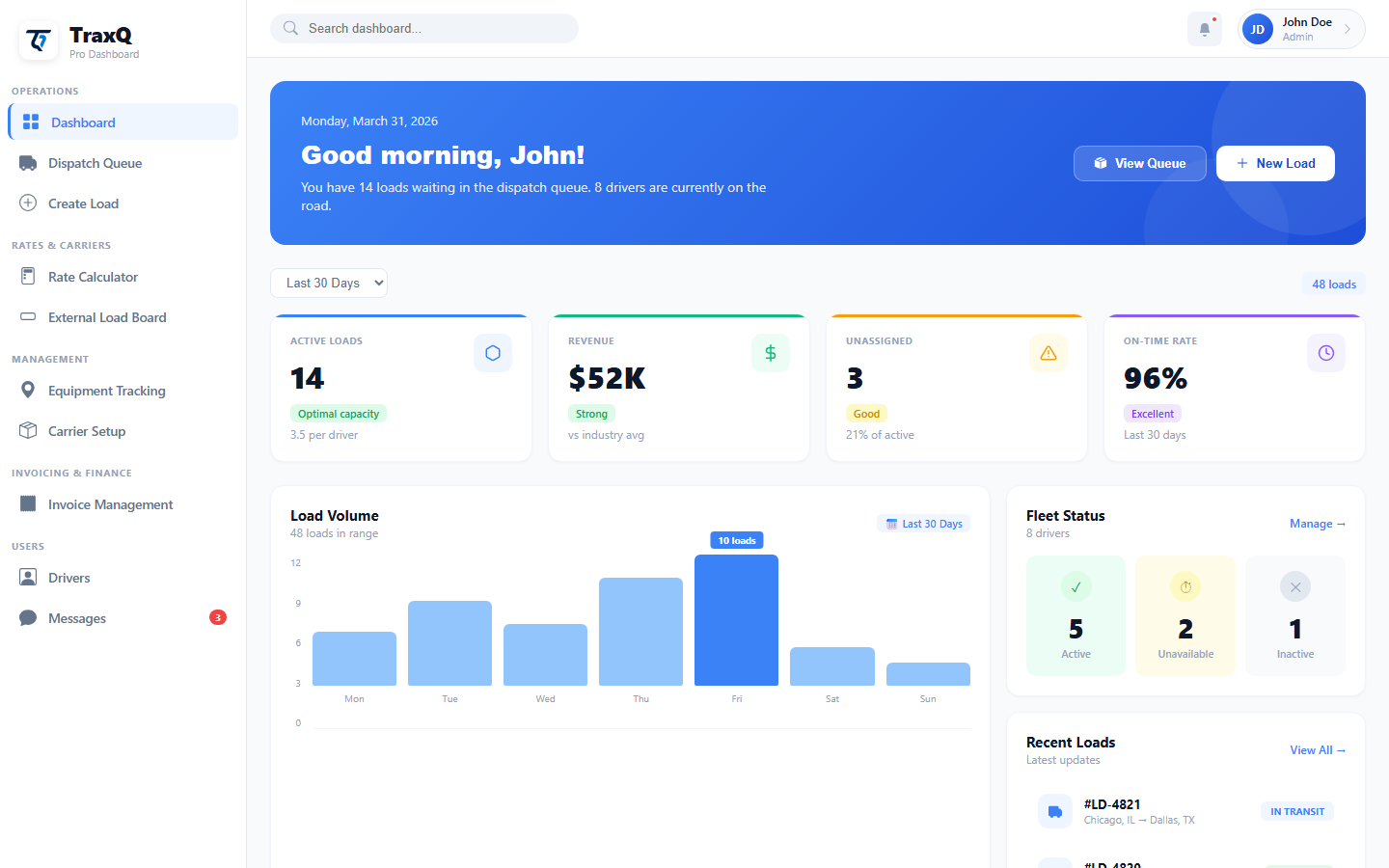 TraxQ Dashboard — manage loads, drivers, and invoices
